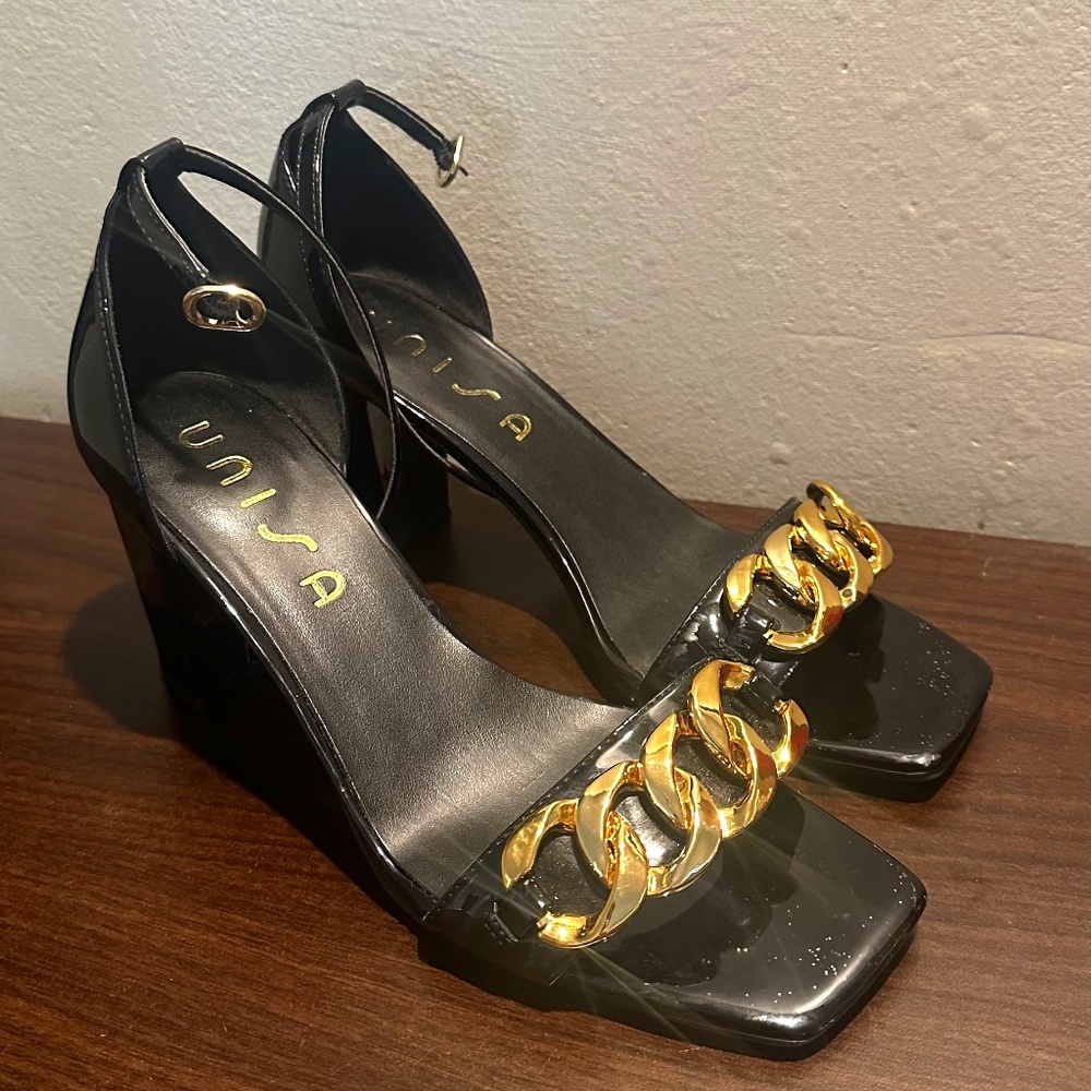Unisa Black Ankle Strap Sandal High Block Heel Gold Chain Patent Leather